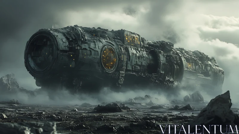 Monolithic starship on toxic wasteland in cinematic 3D render.