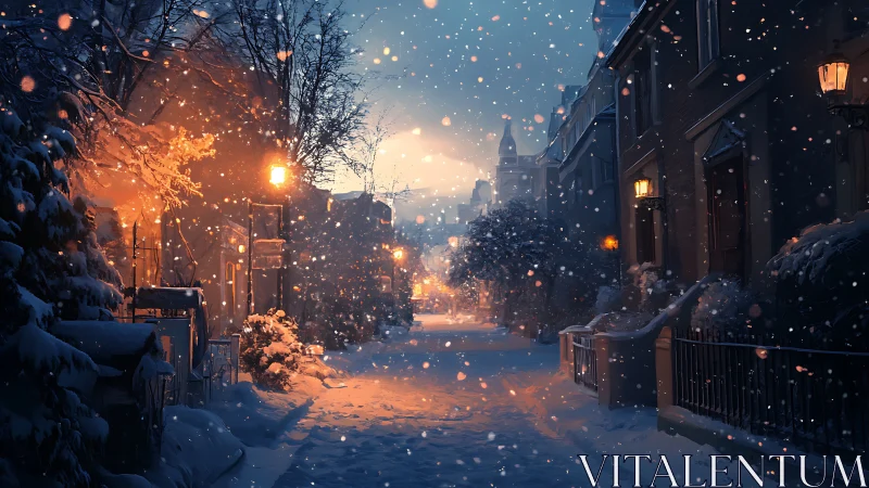 Snow-covered European street under warm lamplight at dusk
