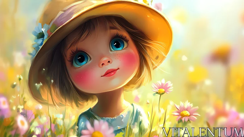 Sunlit child with blue eyes dreams among meadow flowers.