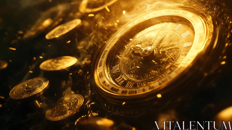 Golden antique clock with floating coins in warm light.