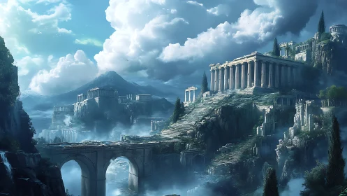 Cloud-draped mythic acropolis climbs toward an endless sky