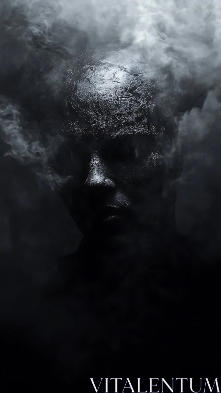 Textured human head emerging from dense surrounding smoke.