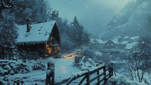 Snowfall hushes a riverside village while one cottage glows
