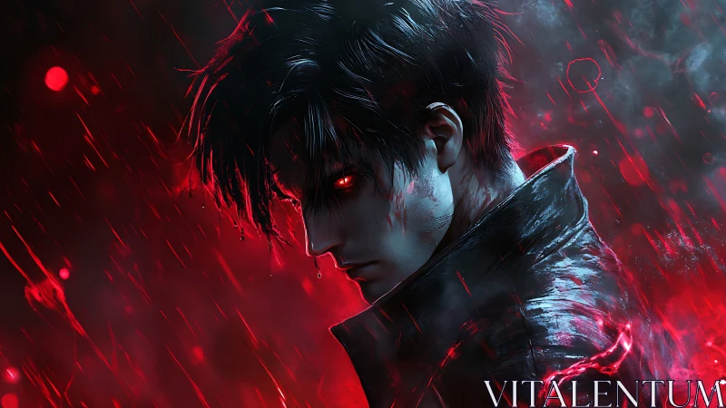 Brooding cyber-noir antihero rendered in vivid red lighting