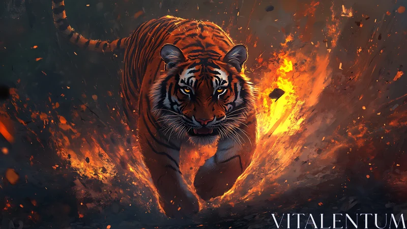 Ember-charged tiger storms through a molten twilight inferno.