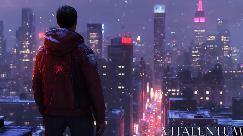 Spider-hooded vigilante surveys neon city skyline at dusk.