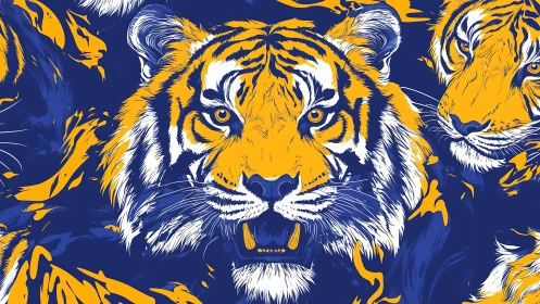 Fierce tiger portraits glow boldly in vivid blue and gold