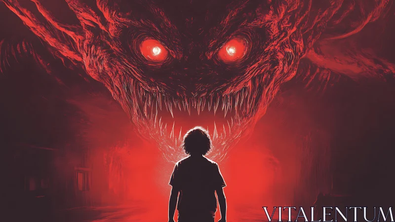 Child confronts colossal red demon in a nightmarish void
