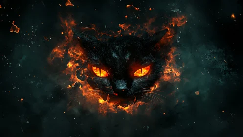 Black cat head emerging from fiery glowing embers.