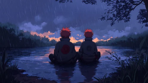 Two red haired figures sit by a rainy river at dusk