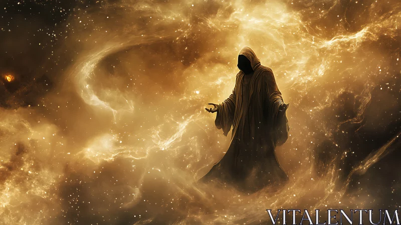 Mysterious cosmic wanderer cloaked in swirling golden light.