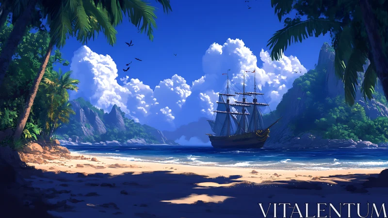 Sailship Anchored in Tropical Paradise Bay.