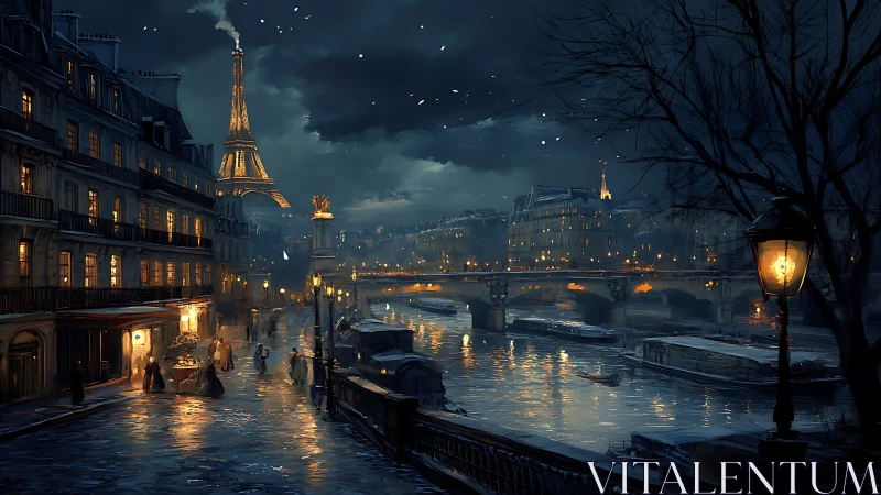 Snowy Paris riverside night with Eiffel Tower view.