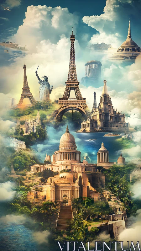 Global monuments montage in layered cloud landscape scene.