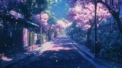 Street scene shows cherry trees lining a quiet urban road