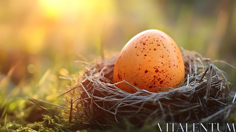 Backlit speckled egg rests in shallow nest under warm bokeh light