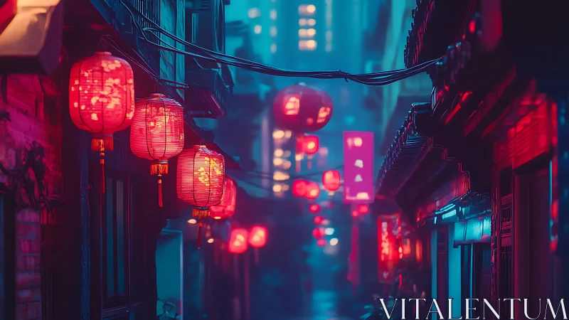 Neon diffusion across lantern lit alleyway in nocturnal haze.
