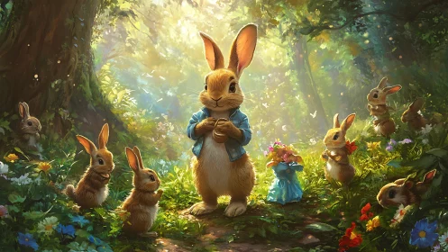Dapper forest rabbit hosts a woodland bloomlit tea party.