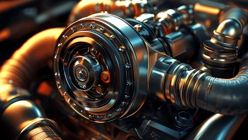 Highly detailed metallic turbocharger and engine assembly.