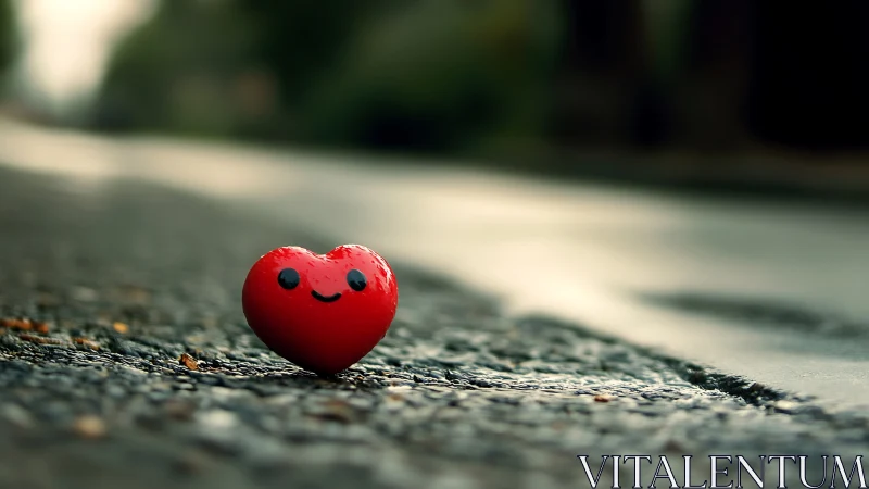Red Heart-Shaped Object with Anthropomorphic Face on Asphalt Surface.
