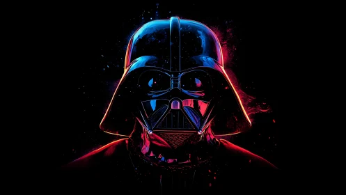 Dark armored figure glows in neon red and blue light.