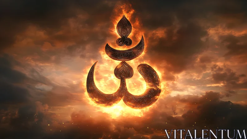 Fiery ornate symbol suspended in storm-lit heavens.