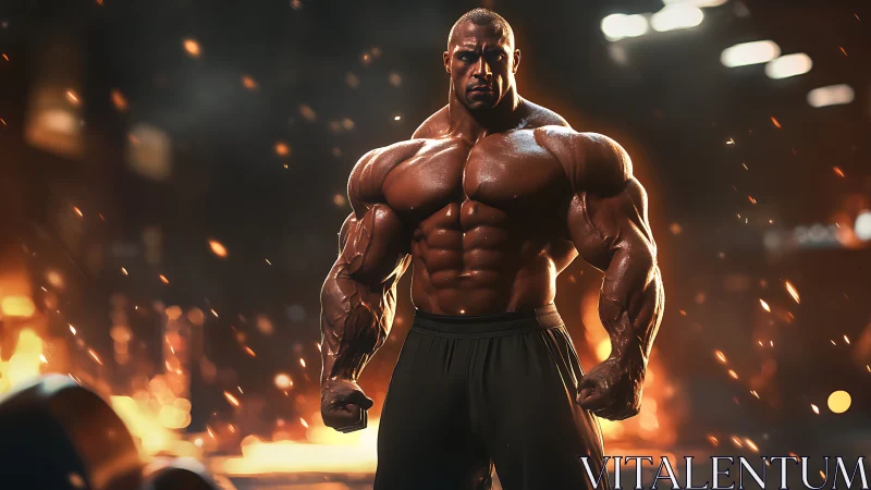 Muscular digital bodybuilder in dramatic gym lighting.