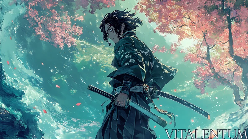 Wind-swept samurai with dual katanas under blooming sakura sky.