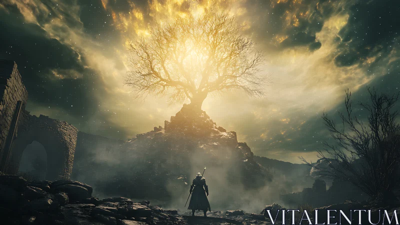 Lone warrior below radiant world tree on ruins ridge.