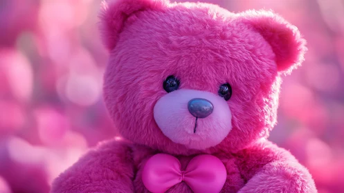 Pink plush teddy bear with bow on blurred pink backdrop.