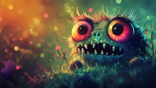 Furry creature with large eyes sits in a shallow forest scene