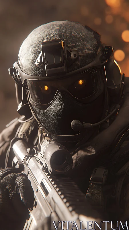 Armored tactical soldier with glowing eyes holding rifle.