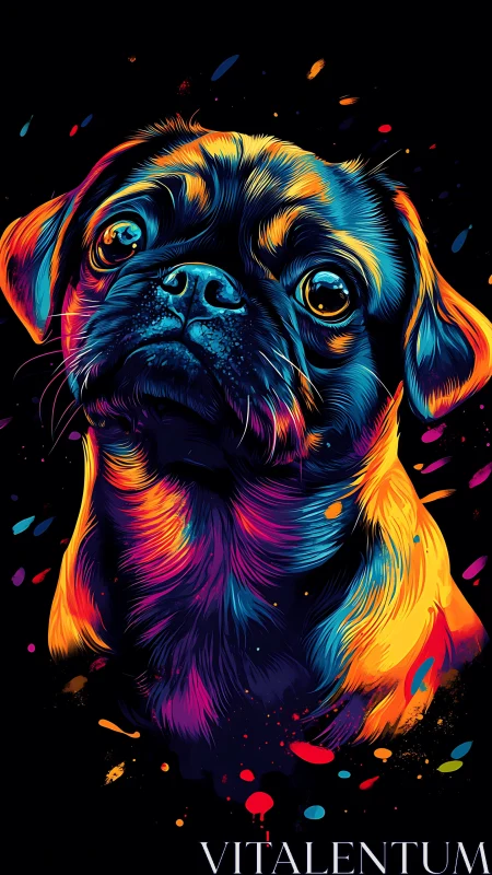 Neon pug portrait glows with vibrant electric color contrasts.