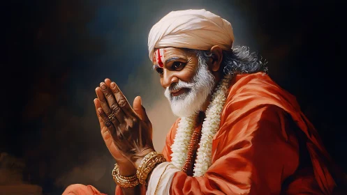 Elderly guru bows in serene prayerful gratitude and light