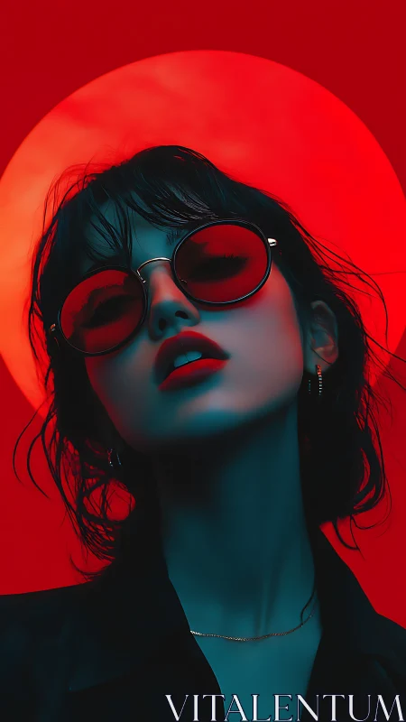 Crimson backlit portrait with teal shadows and round eyewear.