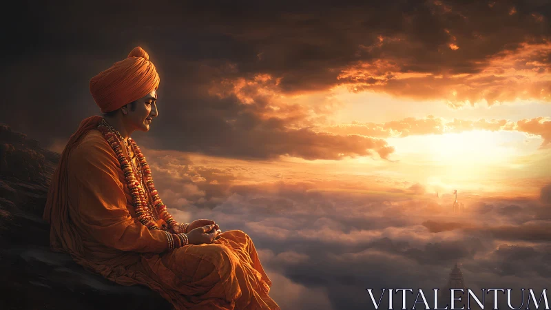 Meditative monk gazes over radiant sunrise above clouds.