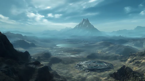 Concept art of alien basin with buried circular starport structure.