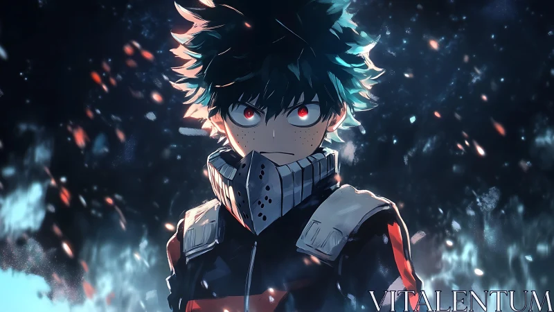 High-contrast anime portrait with red-eyed masked youth in flames