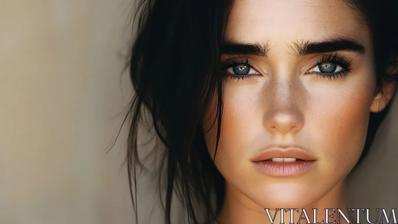 Sunlit gaze framed by wild dark hair and quiet resolve.