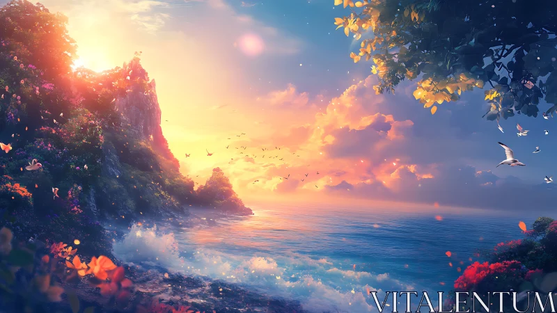 Sunrise Dreamshore with Blooming Cliffs and Soaring Wings.