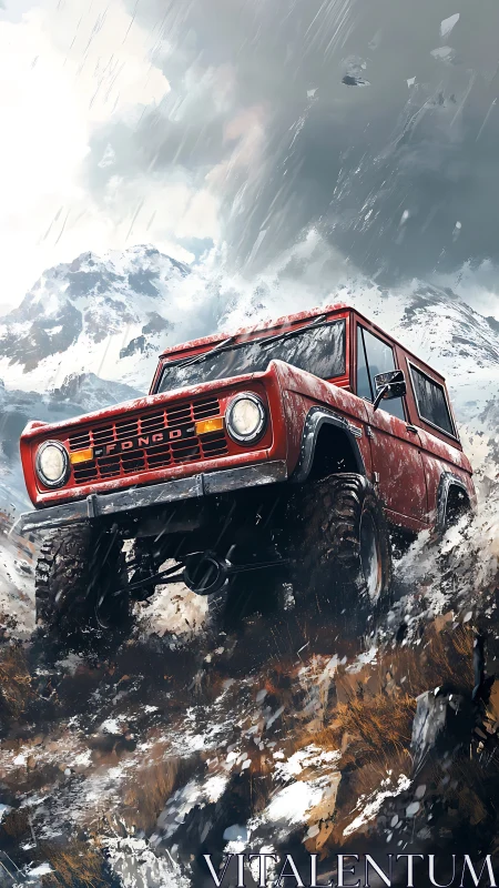 Storm-chasing red Bronco clawing up wild mountain shale.