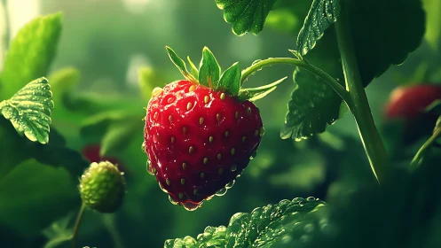 Sunlit garden strawberry sparkling with morning dew.