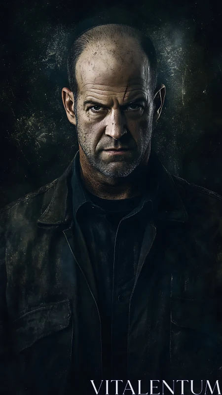 Photorealistic low-key portrait with textured noir lighting.