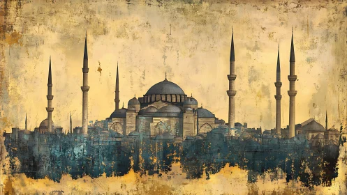 Silhouetted mosque skyline on textured ochre background.