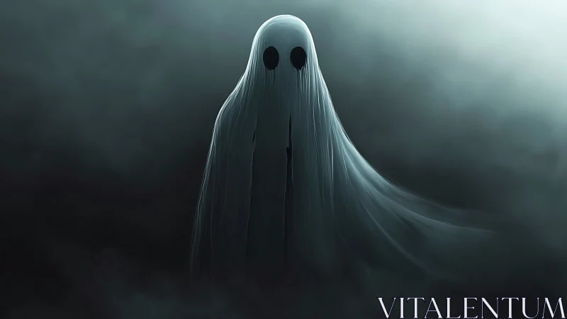Ghostlike draped figure in foggy dark environment.