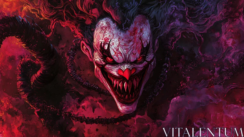Demonic clown visage in crimson smoke with surreal tentacles.