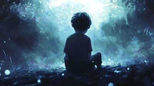 Backlit child silhouette in luminous nocturnal digital mist.