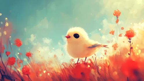 Fluffy yellow chick stands in glowing red flower field