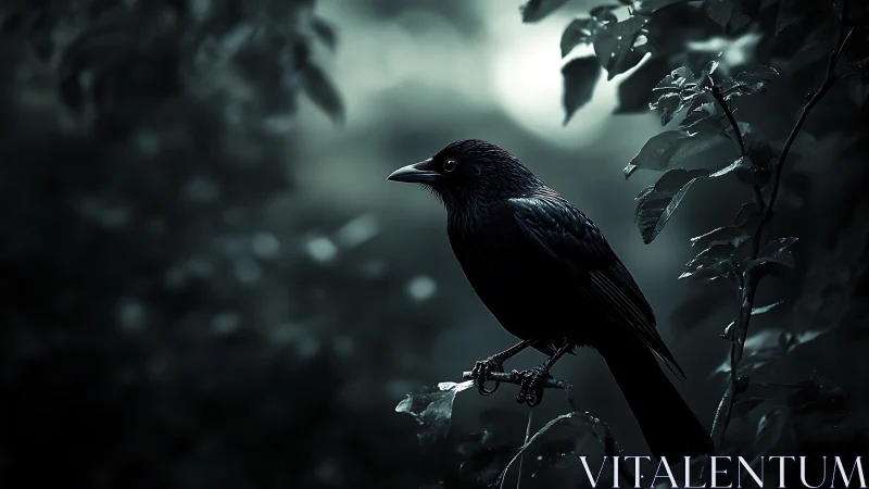 Dark Raven Perched Among Misty Forest Foliage.