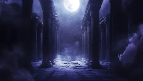 Moonlit ancient colonnade under misty night sky.